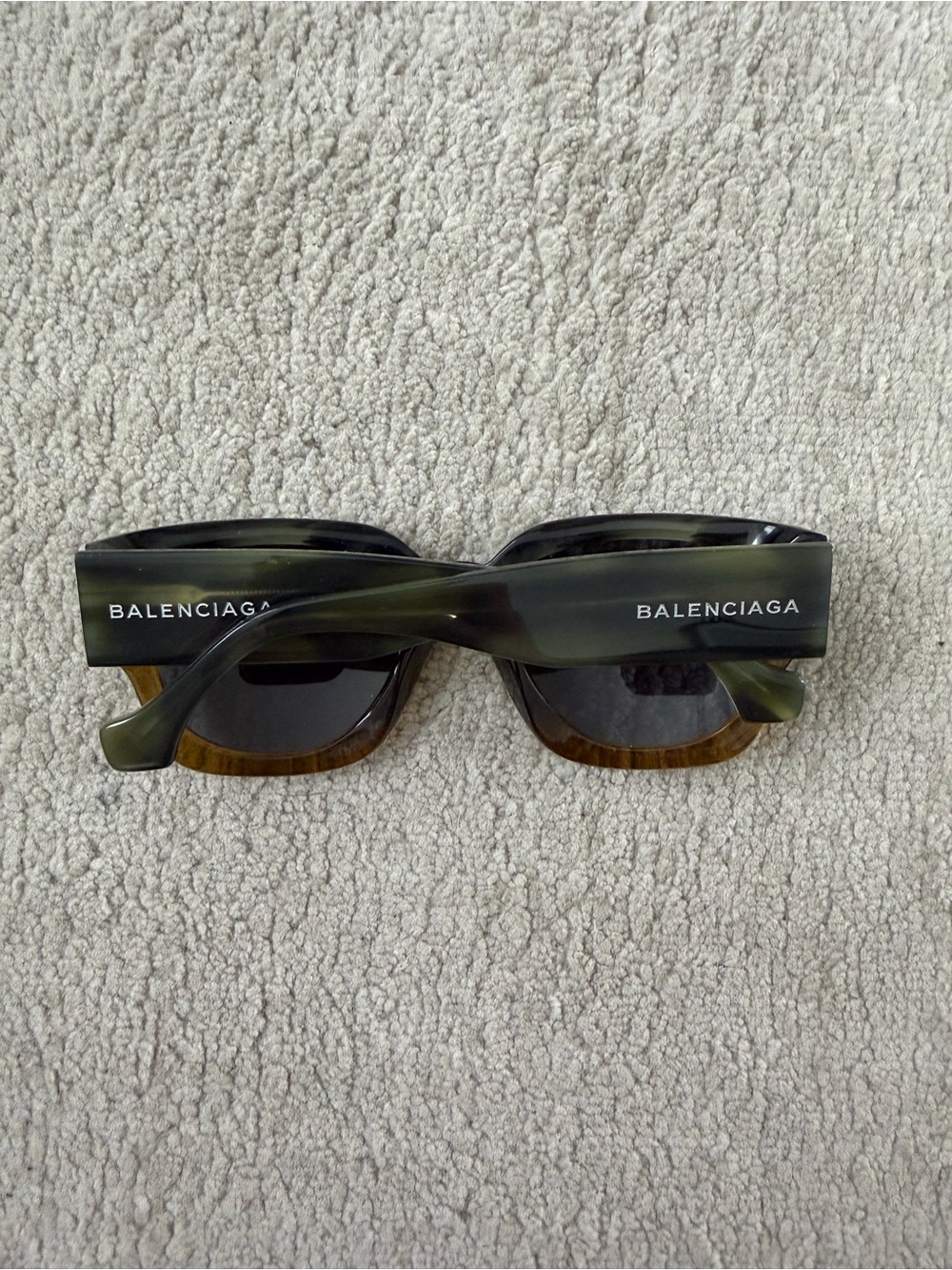 Balenciaga Men’s Olive Green and Brown Rectangular Sunglasses